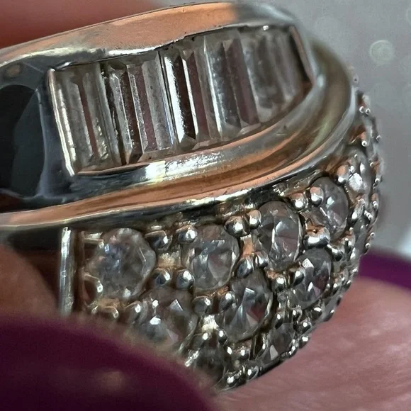 Pave Round & Baguette CZ Sterling Cross Over Ring - Picture 3 of 7